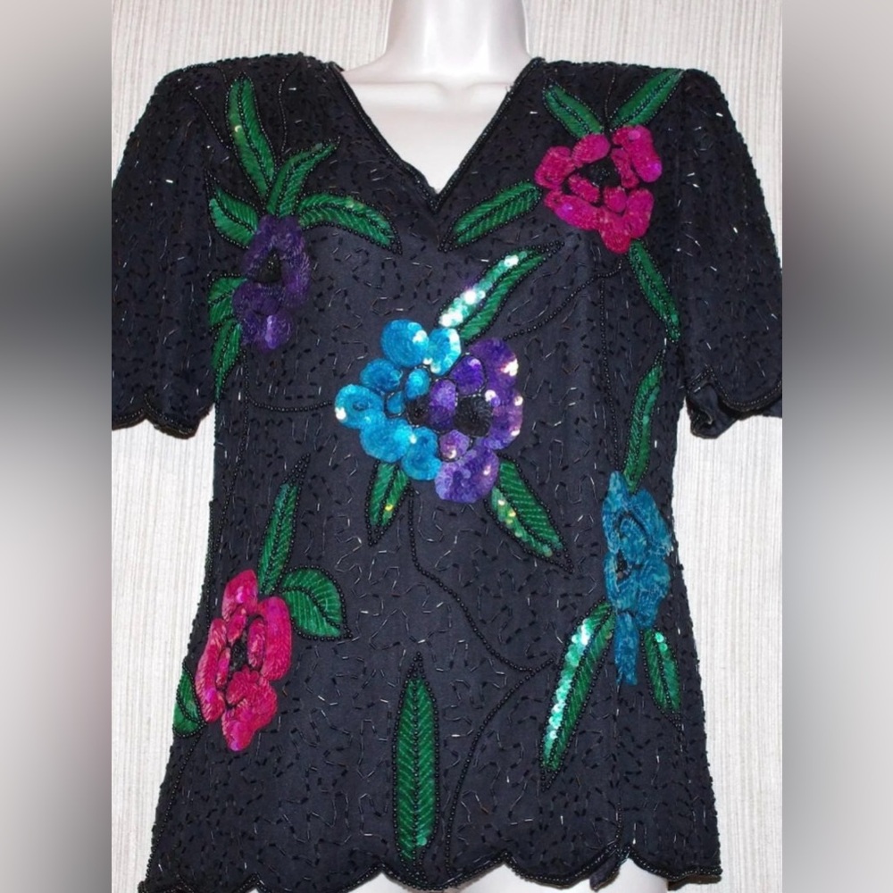 Vintage Laurence Kazar New York Pure Silk Sequin Beaded Blouse